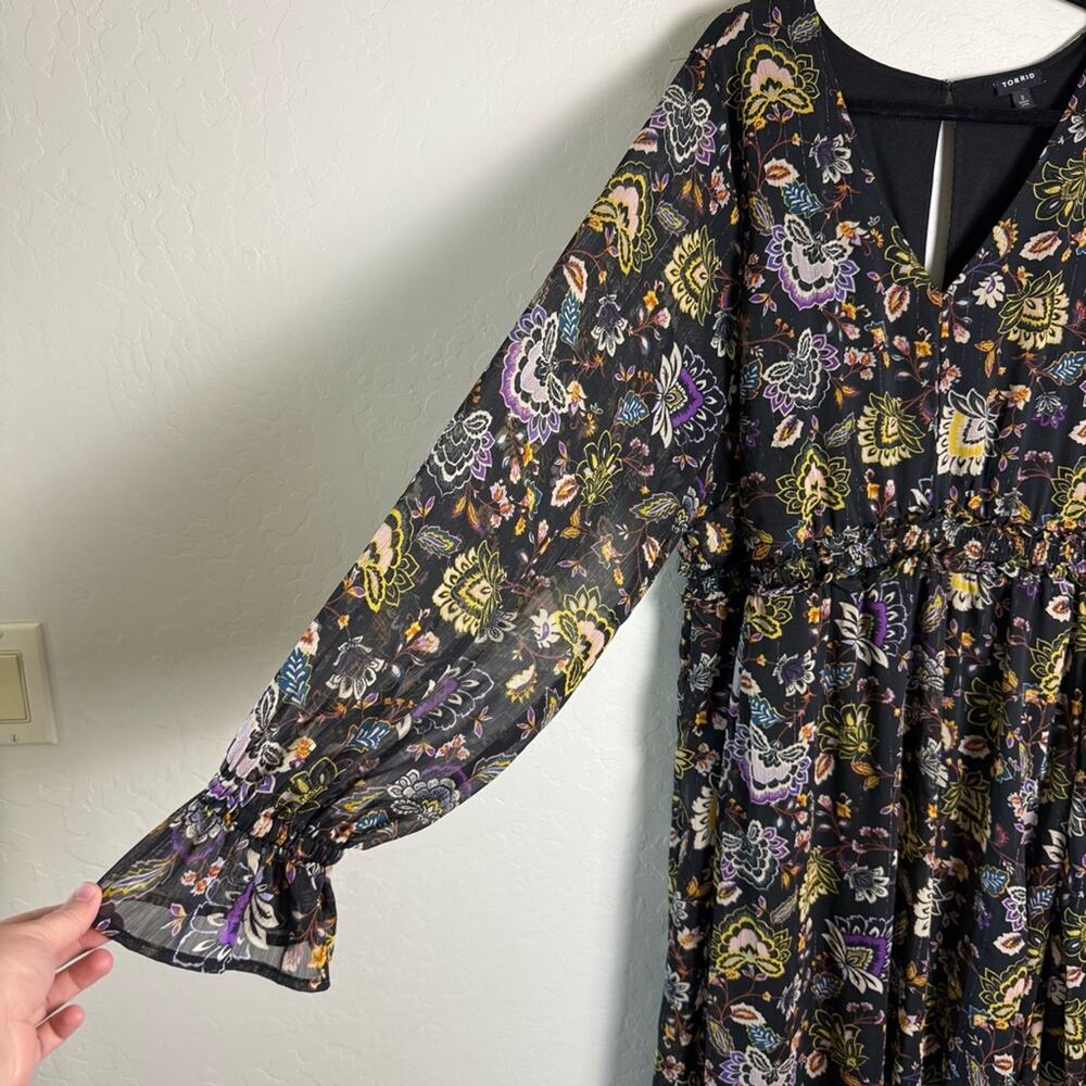Torrid Black Floral Chiffon Lurex V Neck Tiered Maxi Dress 3X 18491136 - Picture 4 of 16